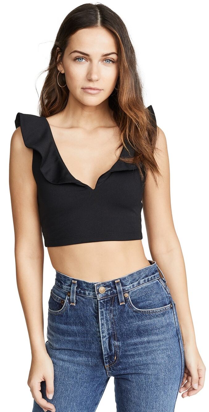 Susana Monaco Ruffle Crop Top Size L Black Stretch Jersey